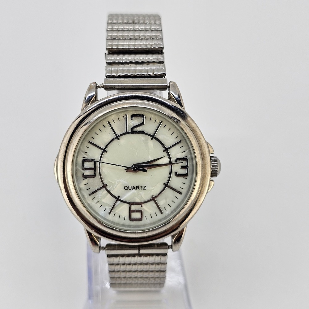 Women's Analog Watch 38MM Cream MOP Dial Gray Expandable Band 6.5" NEW Battery